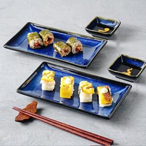 uniidea ceramic sushi serving tray sets 2, 6 pieces japanese style porcelain sushi plate set with soy sauce dishes, bamboo chopsticks housewarming gift, blue