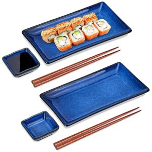 uniidea Ceramic Sushi Serving Tray Sets 2, 6 Pieces Japanese Style Porcelain Sushi Plate Set with Soy Sauce Dishes, Bamboo Chopsticks Housewarming Gift, Blue