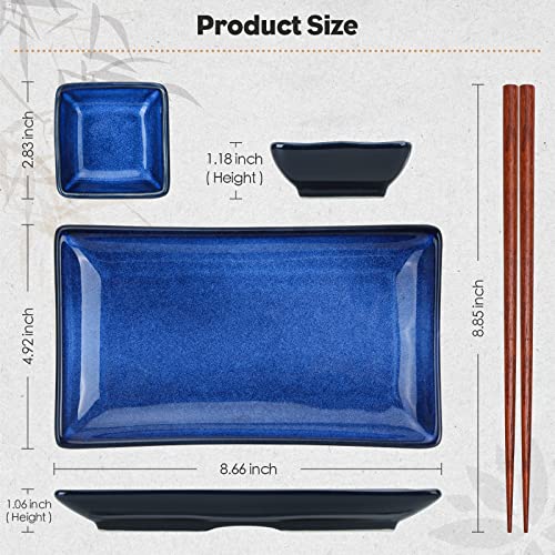 uniidea Ceramic Sushi Serving Tray Sets 2, 6 Pieces Japanese Style Porcelain Sushi Plate Set with Soy Sauce Dishes, Bamboo Chopsticks Housewarming Gift, Blue