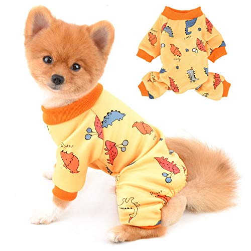 SELMAI Dog Pajamas with Feet Dinosaur Pjs for Small Dogs Cats Boys Girls Fleece Four Legs Jumpsuit Warm Pet Puppy Chihuahua Clothes for Winter Autumn Walking Outdoor Cold Weather Apparel Yellow L