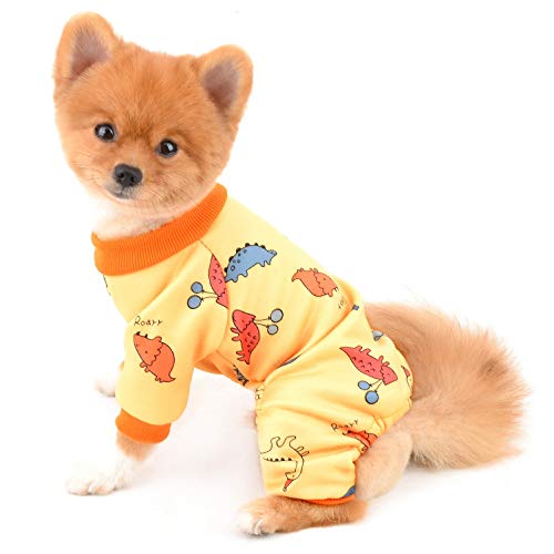 SELMAI Dog Pajamas with Feet Dinosaur Pjs for Small Dogs Cats Boys Girls Fleece Four Legs Jumpsuit Warm Pet Puppy Chihuahua Clothes for Winter Autumn Walking Outdoor Cold Weather Apparel Yellow L