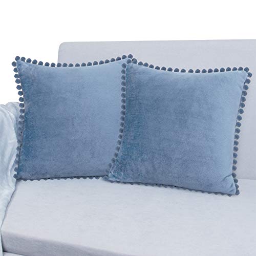 PAVILIA Dusty Blue Throw Pillow Covers, 20x20, Set of 2, Pom Pom | Decorative Velvet Cushion Covers for Sofa Couch Bed | Light Slate Blue Fleece Accent Pillow Case Pompom