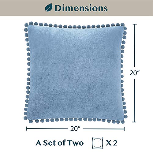 PAVILIA Dusty Blue Throw Pillow Covers, 20x20, Set of 2, Pom Pom | Decorative Velvet Cushion Covers for Sofa Couch Bed | Light Slate Blue Fleece Accent Pillow Case Pompom