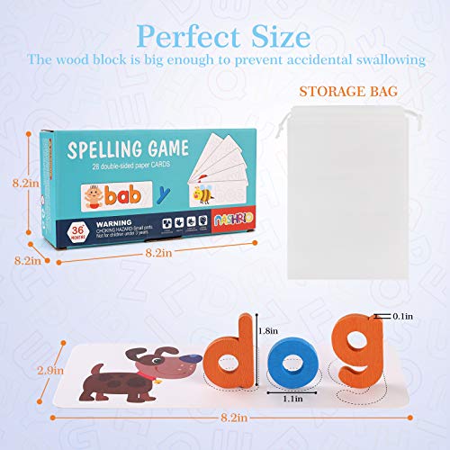 See and Spelling Learning Toy for Kids Ages 3-8, Wooden Preschool Educational Matching Letter Game Toys for Kids Boys Girls, Develops Alphabet Words Spelling Skills Letter Block (28 Cards+52 Letters)