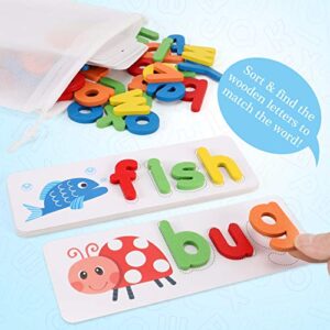 See and Spelling Learning Toy for Kids Ages 3-8, Wooden Preschool Educational Matching Letter Game Toys for Kids Boys Girls, Develops Alphabet Words Spelling Skills Letter Block (28 Cards+52 Letters)