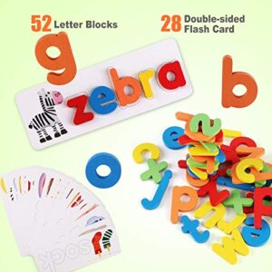 See and Spelling Learning Toy for Kids Ages 3-8, Wooden Preschool Educational Matching Letter Game Toys for Kids Boys Girls, Develops Alphabet Words Spelling Skills Letter Block (28 Cards+52 Letters)