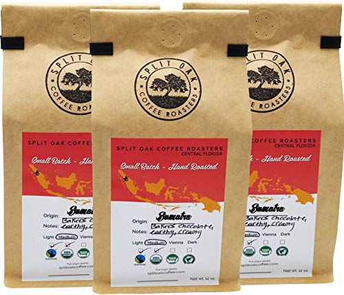 Organic Sumatra Coffee Gourmet Best Medium Roast Chocolate Espresso Beans, Hand Roasted 12 Oz, Whole Beans, Cold Brew, Indonesian Espresso Shots, Fair Trade Coffee Certified. INCREDIBLE (3 Pack)