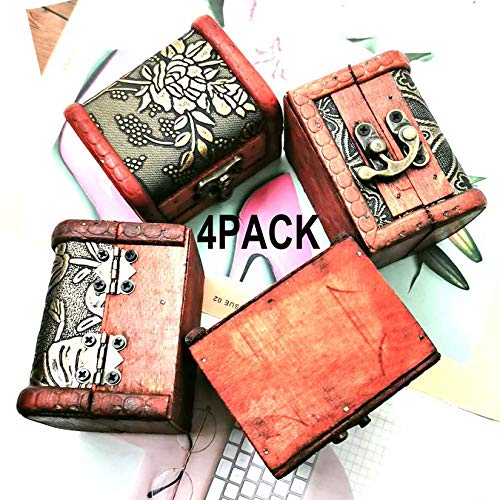 Markeny 4 Styles Pattern Wooden Rings Case Box Little Treasure Chest Vintage Handmade Box with Mini Metal Lock for Storing Jewelry Treasure Pearl