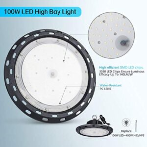 Vemofoper UFO LED High Bay Light 100W Ultra Bright Ceiling Lamp for Garage,Shop,Gym,Warehouse Work Commercial Lighting Grade 15000LM 120V 5000K IP65 (100W)