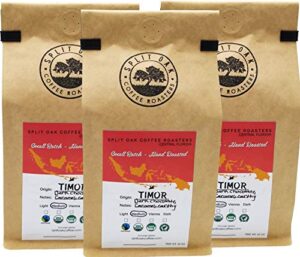 organic timor roasted whole coffee beans 12oz, medium roasted coffee, syrupy notes, dark chocolate, roasted fresh by hand, small batches, fair trade, perfectly balanced taste. (3 pack)
