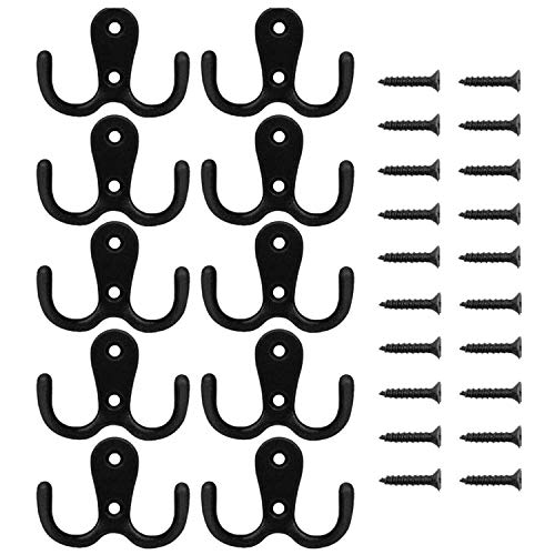 KINMAX 10PCS Heavy Duty Double Prong Coat Hooks Wall Mounted Hook with 20 Screws,Metal Cloth Hanger for Coat,Bathroom, Kitchen