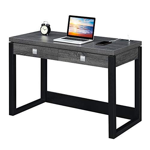 Convenience Concepts Newport 2-Drawer Desk with Charging Station, Weathered Gray/Black