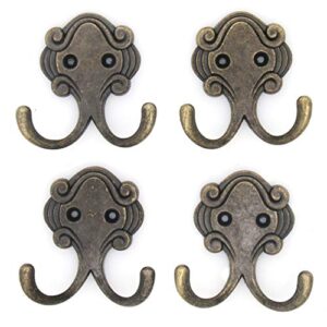 lxz 4 pcs antique brass wall mounted double prong hooks - dual prong wall hooks - hat hangers robe hooks for scarf, bag, towel, etc