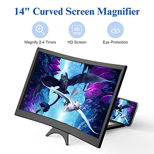 14" Curved Screen Magnifier for Cell Phone -3D HD Magnifying Projector Screen Enlarger for Movies, Video, and Gaming – Foldable Phone Stand Holder with Screen Amplifier–Compatible with All Smartphones