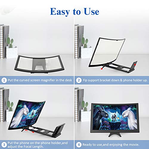 14" Curved Screen Magnifier for Cell Phone -3D HD Magnifying Projector Screen Enlarger for Movies, Video, and Gaming – Foldable Phone Stand Holder with Screen Amplifier–Compatible with All Smartphones