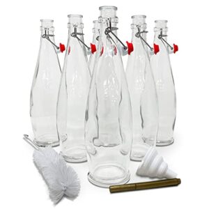 nevlers set of 6 | 33 oz glass bottle set with swing top stoppers and includes bottle brush - funnel and gold glass marker | swing top glass bottles | clear glass water bottle