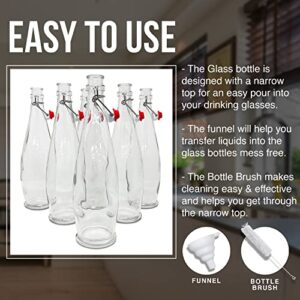 Nevlers Set of 6 | 33 Oz Glass Bottle Set with Swing Top Stoppers and Includes Bottle Brush - Funnel and Gold Glass Marker | Swing Top Glass Bottles | Clear Glass Water Bottle