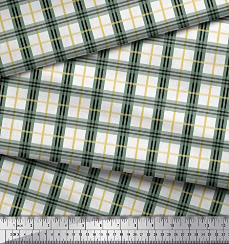 Soimoi Green Cotton Canvas Fabric Plaid Check Decor Fabric Printed Yard 56 Inch Wide