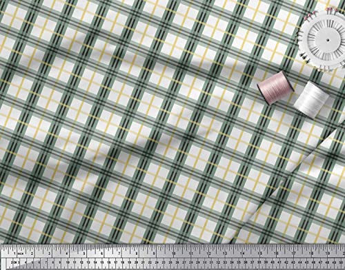 Soimoi Green Cotton Canvas Fabric Plaid Check Decor Fabric Printed Yard 56 Inch Wide