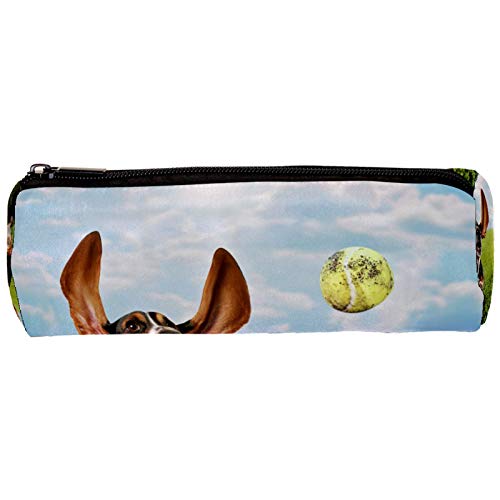 Basset Hound Dog Chasing Tennis Ball Pencil Bag Pen Case Stationary Case Pencil Pouch Desk Organizer Makeup Cosmetic Bag for School Office