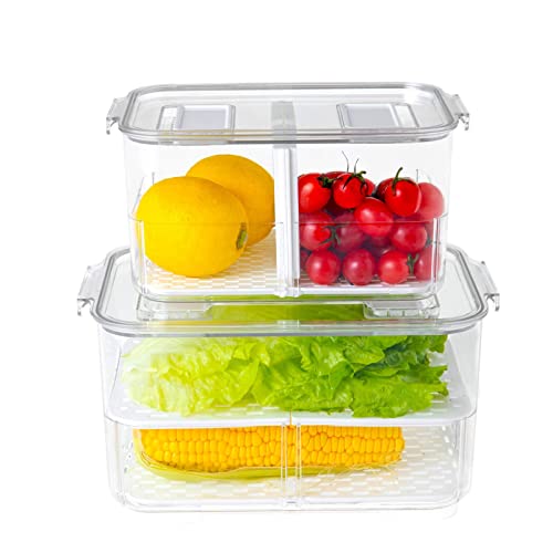 REFSAVER Fridge Produce Saver Food Storage Containers Stackable Refrigerator Organizer with Lids and Removable Drain Tray Drawers Bins Baskets for Kitchen