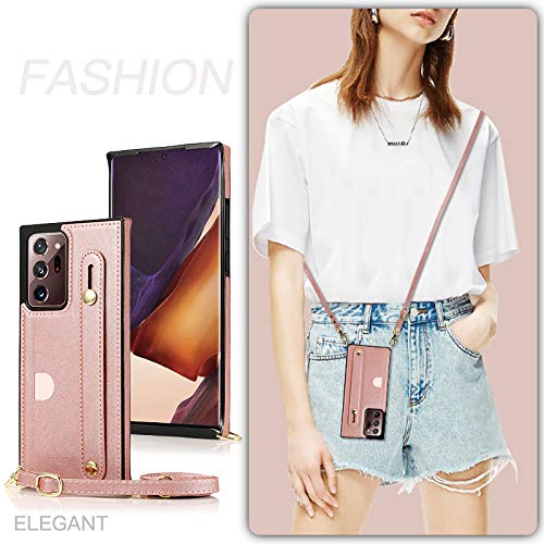 Samsung Galaxy Note 20 Ultra Case,ZYZX Removable Adjustable Leather Strap Crossbody Holders Case Neck Strap Lanyard Purse Shoulder Strap w/Kickstand Case for Samsung Galaxy Note 20 Ultra KB Rose Gold