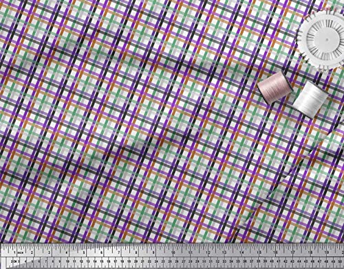 Soimoi Purple Cotton Canvas Fabric Window Pane Check Print Fabric by The Yard 56 Inch Wide