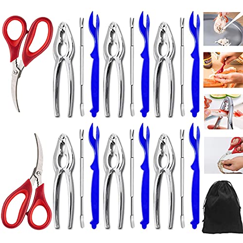 HOMOKUS Seafood Tools 21 Pcs Nut Crab Crackers Set including 6 Crab Leg Crackers, 6 Lobster Shell Forks, 6 Crab Leg Forks 2 Seafood Scissors & Storage Bag