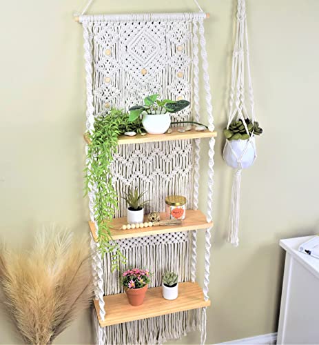 Macrame Wall Hanging Shelf-ideal décor-plants storage bookshelf-Bohemian Decorative Shelves-Boho Floating Indoor Shelving–For bedroom kitchen bathroom room with window Plant hanger 3 Tier Diamond