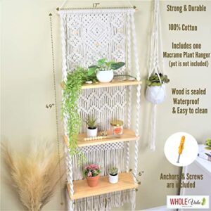 Macrame Wall Hanging Shelf-ideal décor-plants storage bookshelf-Bohemian Decorative Shelves-Boho Floating Indoor Shelving–For bedroom kitchen bathroom room with window Plant hanger 3 Tier Diamond