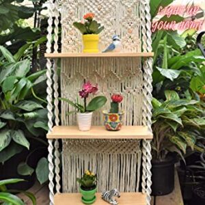 Macrame Wall Hanging Shelf-ideal décor-plants storage bookshelf-Bohemian Decorative Shelves-Boho Floating Indoor Shelving–For bedroom kitchen bathroom room with window Plant hanger 3 Tier Diamond