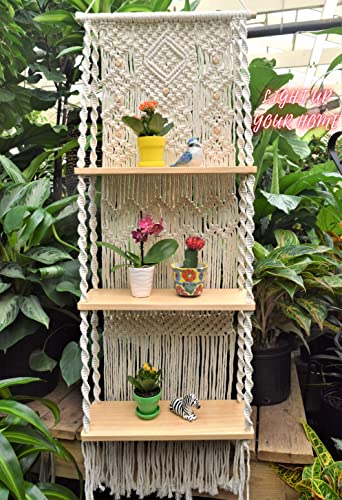 Macrame Wall Hanging Shelf-ideal décor-plants storage bookshelf-Bohemian Decorative Shelves-Boho Floating Indoor Shelving–For bedroom kitchen bathroom room with window Plant hanger 3 Tier Diamond