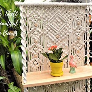 Macrame Wall Hanging Shelf-ideal décor-plants storage bookshelf-Bohemian Decorative Shelves-Boho Floating Indoor Shelving–For bedroom kitchen bathroom room with window Plant hanger 3 Tier Diamond