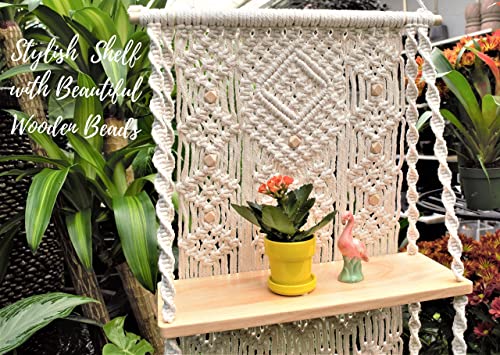 Macrame Wall Hanging Shelf-ideal décor-plants storage bookshelf-Bohemian Decorative Shelves-Boho Floating Indoor Shelving–For bedroom kitchen bathroom room with window Plant hanger 3 Tier Diamond