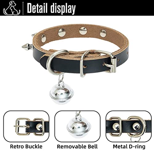 Genuine Leather Cat Collar with Bells - Studded Cat Collar with Spikes Soft and Strong Real Leather Made, Adjustable for Small Dogs Puppy Cats