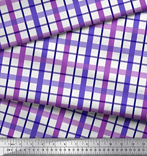 Soimoi Purple Cotton Canvas Fabric Window Pane Check Print Fabric by The Yard 56 Inch Wide