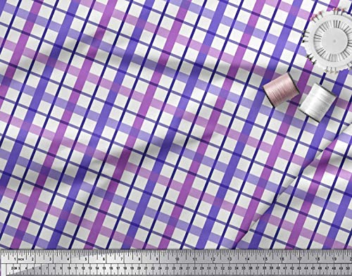 Soimoi Purple Cotton Canvas Fabric Window Pane Check Print Fabric by The Yard 56 Inch Wide