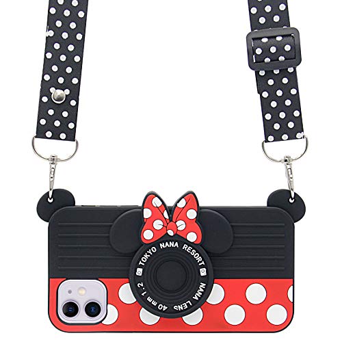 iPhone 12 Case, iPhone 12 Pro Case, Cute 3D Camera Case with Polka Dots Lanyard, Soft Silicone Case for Teens Girls Women for iPhone 12/12 Pro 6.1 inch 2020 Black/Red