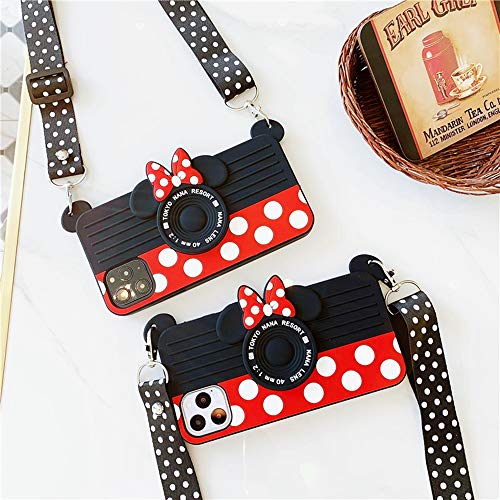 iPhone 12 Case, iPhone 12 Pro Case, Cute 3D Camera Case with Polka Dots Lanyard, Soft Silicone Case for Teens Girls Women for iPhone 12/12 Pro 6.1 inch 2020 Black/Red