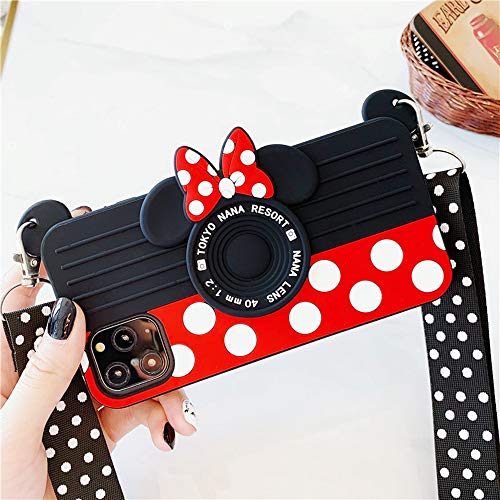 iPhone 12 Case, iPhone 12 Pro Case, Cute 3D Camera Case with Polka Dots Lanyard, Soft Silicone Case for Teens Girls Women for iPhone 12/12 Pro 6.1 inch 2020 Black/Red