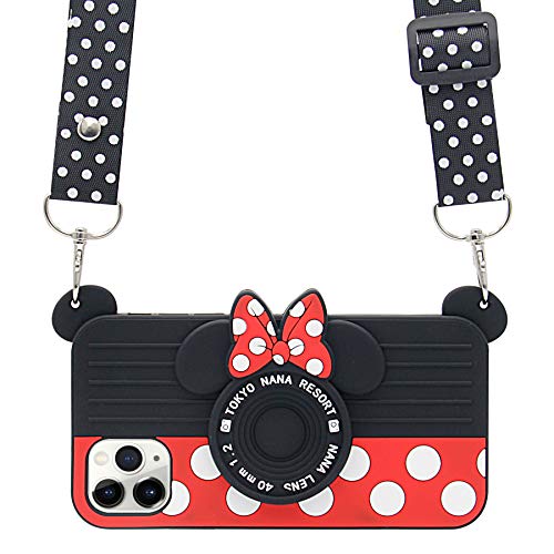 iPhone 12 Case, iPhone 12 Pro Case, Cute 3D Camera Case with Polka Dots Lanyard, Soft Silicone Case for Teens Girls Women for iPhone 12/12 Pro 6.1 inch 2020 Black/Red