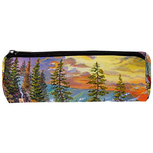 Oil Painting Cabin Log and Forest Lake Pencil Bag Pen Case Stationary Case Pencil Pouch Desk Organizer Makeup Cosmetic Bag for School Office