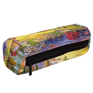 Oil Painting Cabin Log and Forest Lake Pencil Bag Pen Case Stationary Case Pencil Pouch Desk Organizer Makeup Cosmetic Bag for School Office