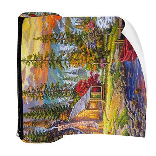 Oil Painting Cabin Log and Forest Lake Pencil Bag Pen Case Stationary Case Pencil Pouch Desk Organizer Makeup Cosmetic Bag for School Office