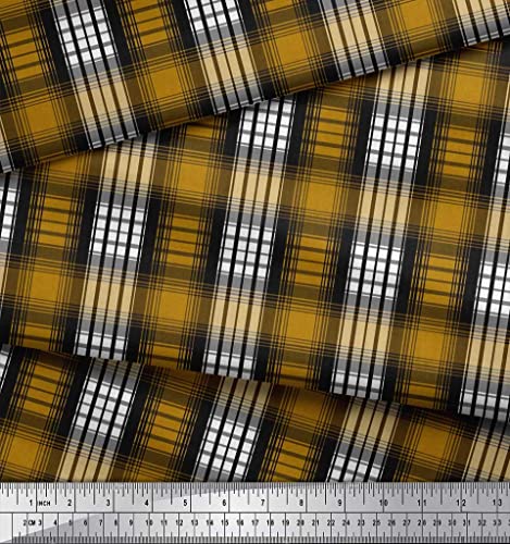 Soimoi Gold Cotton Canvas Fabric Plaid Check Print Fabric by The Yard 56 Inch Wide