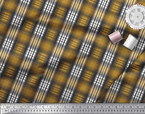 Soimoi Gold Cotton Canvas Fabric Plaid Check Print Fabric by The Yard 56 Inch Wide