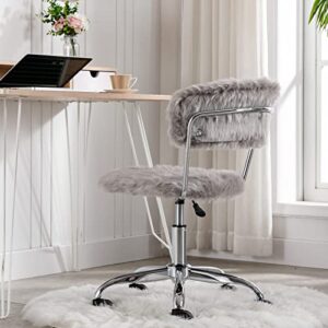 chairus Home Office Chair Faux Fur Desk Chair, Upholstered Modern Task Chair Height Adjustable Reception Chair Vanity Chair for Bedroom, Grey