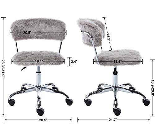 chairus Home Office Chair Faux Fur Desk Chair, Upholstered Modern Task Chair Height Adjustable Reception Chair Vanity Chair for Bedroom, Grey