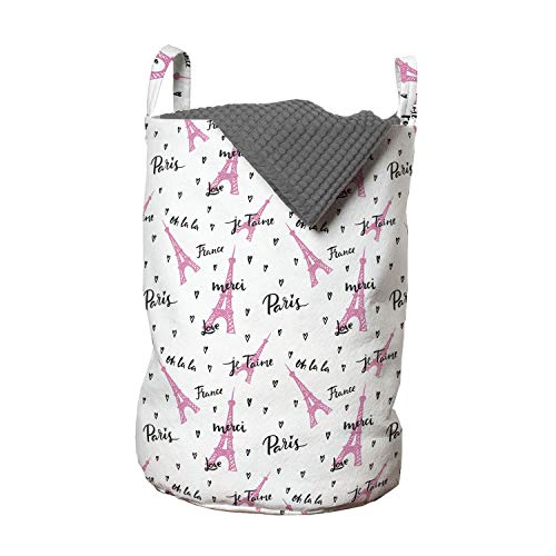 Lunarable Eiffel Tower Laundry Bag, France Paris Oh La La Eiffel Tower Hearts Calligraphy Doodle Style Artwork, Hamper Basket with Handles Drawstring Closure for Laundromats, 13" x 19", Pink Black