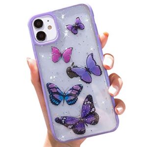 wzjgzdly butterfly bling clear case compatible with iphone 11, glitter case for women cute slim soft slip resistant protective phone case cover for iphone 11 6.1 inch - purple